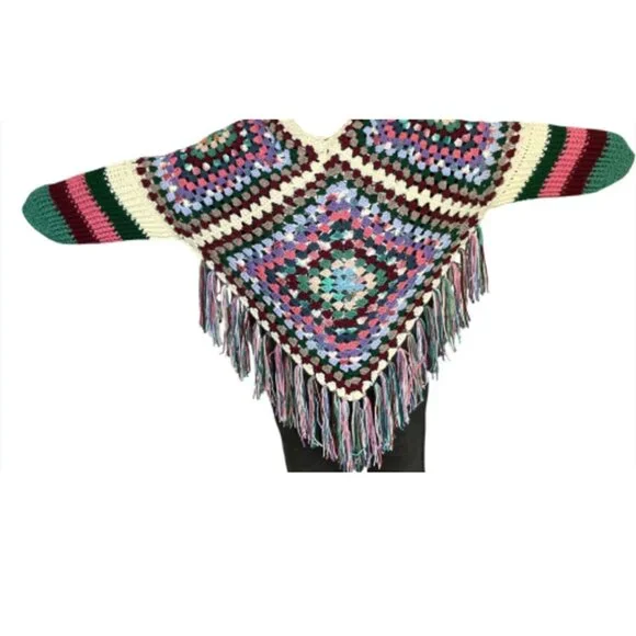 Crochet Poncho with Sleeves Granny Square Design Pattern Colorful Handmade New